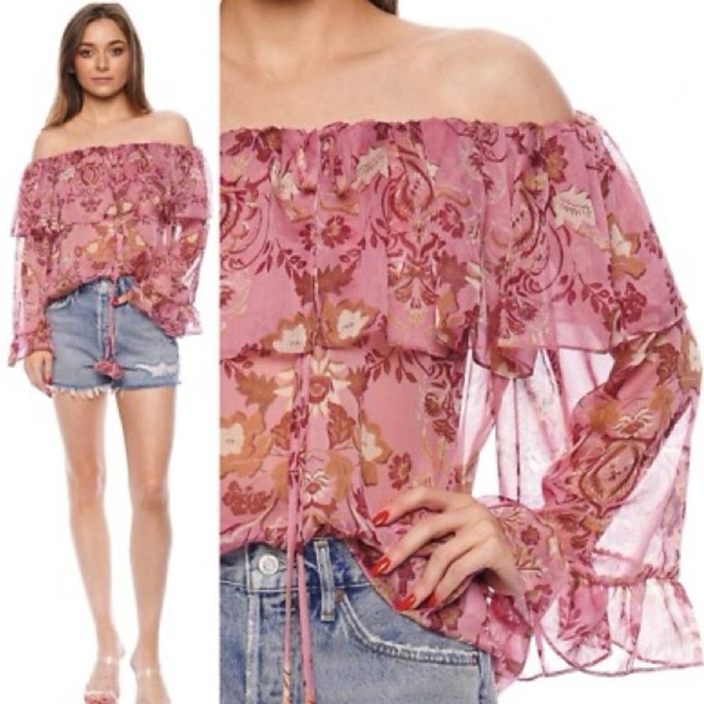 MISA Los Angeles Size S Pink Floral Print Semi Sheer Off Shoulder‎ Soraya Blouse